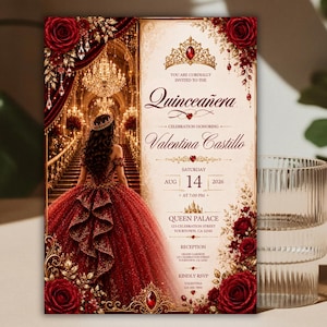 May include: A Quinceañera invitation card featuring a deep red gown, a gold tiara, and red roses. The text reads: You are cordially invited to the Quinceañera celebration honoring Valentina Castillo, Saturday, Aug 14, 2026, at 7:00 PM, Queen Palace, 123 Celebration Street, Yourtown, CA 12345.