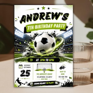 May include: A football-themed birthday party invitation for Andrew's 7th birthday. The design features a black and white football, a stadium background, and green accents. Text includes 'Andrew's 7th Birthday Party', 'Saturday September 25', '3pm to 6pm', and 'Come ready to play'.