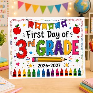 Könnte beinhalten: Ein weißes rechteckiges Schild mit dem Text First Day of 3rd GRADE 2026-2027. Das Design enthält bunte Illustrationen einer Wimpelkette, zwei rote Äpfel, einen gelben Bleistift und eine Reihe mehrfarbiger Wachsmalstifte am unteren Rand.