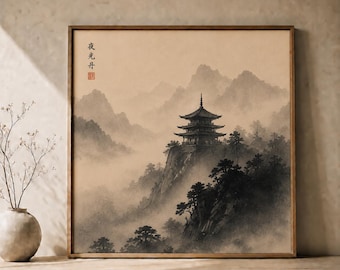 May include: A square framed wall art print featuring a sepia-toned ink wash painting of a multi-tiered pagoda perched on a misty mountain cliff. The artwork includes vertical black Chinese calligraphy characters and a small red square seal in the upper left.