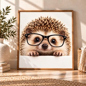 May include: A framed wall art print featuring a close-up of a brown and tan hedgehog wearing black-rimmed glasses. The hedgehog is positioned behind a white ledge, displaying its quills, dark eyes, and small paws in a clear, centered view.