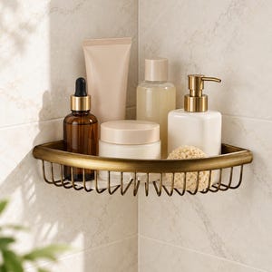 May include: A brass corner shower caddy with a wire frame design holding a brown glass dropper bottle, a beige squeeze tube, a clear bottle with a pump, a white jar, and a textured beige sponge for bathroom organisation and storage.