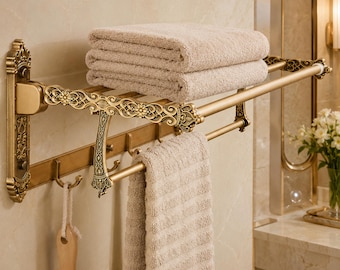 Vintage Brass Wall Mounted Towel Rack with Shelf and Hooks Bathroom Organizer