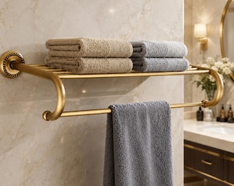 Antique Brass Bathroom Towel Rack With European Wall Shelf