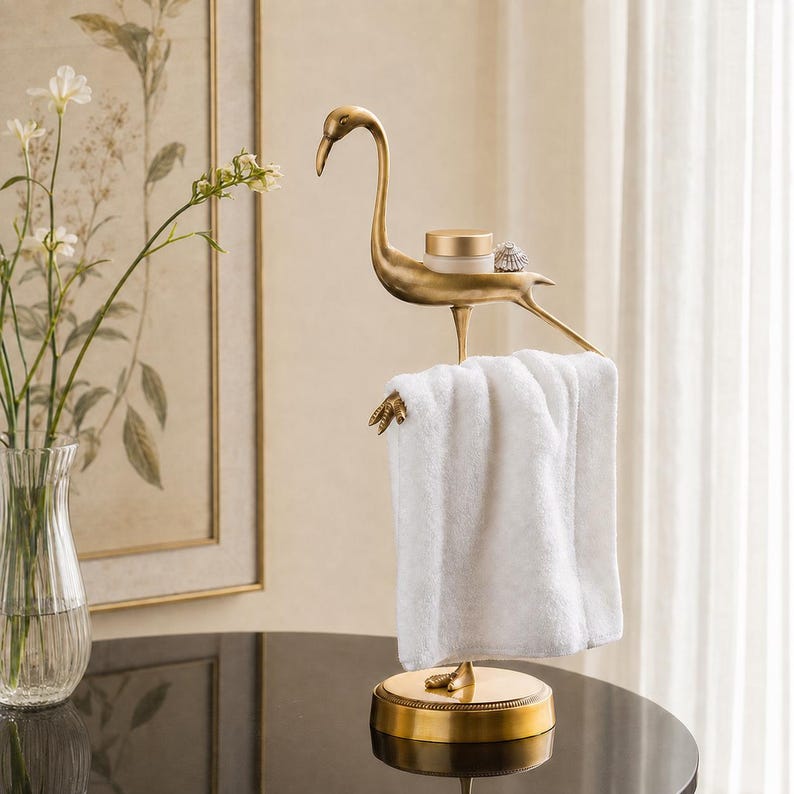 May include: A gold-toned metal flamingo-shaped towel holder featuring a circular base and a small flat platform on the bird's back. A white rectangular towel is draped over the flamingo's legs, and a small round container sits on the bird's back.