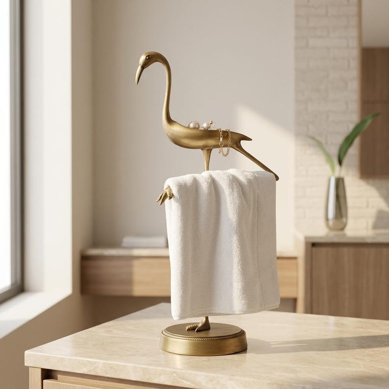 May include: A gold-toned metal bird-shaped stand with a circular base, featuring a flat area on the bird's back for small items and a horizontal bar for hanging a white towel. The bird has a long neck and beak, standing on a round pedestal.