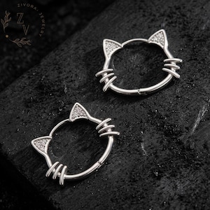 スターリングシルバーのかわいい猫のイヤリング、猫好きのためのジュエリー、キティフープイヤリング、猫ジュエリー、キティイヤリング、ミニマリストイヤリング