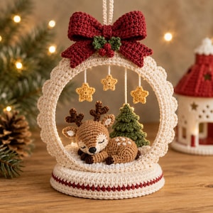 Pode incluir: Um ornamento circular de crochê com um filhote de cervo marrom dormindo, um pinheiro verde e três pequenas estrelas amarelas penduradas no interior. A moldura é creme com borda recortada, coberta por um grande laço vermelho e bagas verdes.