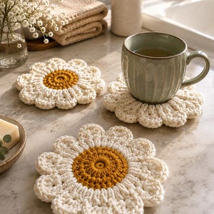 May include: Three round crochet coasters shaped like daisies with white petals and a mustard yellow center. One coaster supports a sage green ceramic mug with vertical ridges. The coasters are crafted from thick yarn and feature a textured, circular pattern.