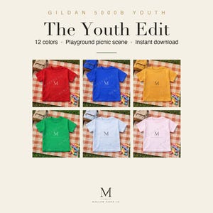 Peut inclure: Un affichage numérique présentant six t-shirts pour jeunes Gildan 5000B en rouge, bleu, jaune, vert, bleu clair et rose clair. Chaque t-shirt arbore un logo en forme de lettre M. Le texte indique GILDAN 5000B YOUTH, The Youth Edit, 12 colors, Playground picnic scene, Instant download et MARLOW PAPER CO.