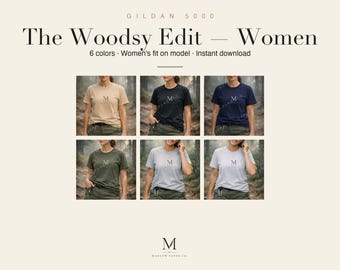 Gildan 5000 Mockup Women, 6 G5000 Tshirt Mock Ups on Female Model, Forest Trail Scene, Outdoor Hiking Mini Bundle, Instant Download
