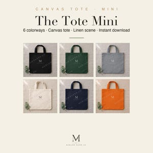 Pacote de Mini Mockups de Sacolas, 6 opções de cores, Sacola de lona, Cenário de linho, Conjunto com 6 Mini Mockups, Download Instantâneo