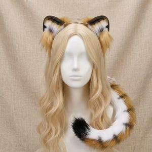 Puede incluir: Una diadema con orejas de animal de piel sintética afelpada con un patrón inspirado en un tigre en tonos naranja, negro y blanco. El conjunto incluye una cola larga y curva de piel sintética a juego con punta negra y rayas naranjas y blancas.