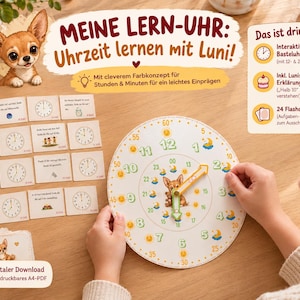 Pode incluir: Um kit de relógio educativo imprimível intitulado MEINE LERN-UHR: Uhrzeit lernen mit Luni! com um mostrador redondo com números verdes, uma ilustração central de um chihuahua, ponteiros móveis amarelos e verdes e vinte e quatro cartões.