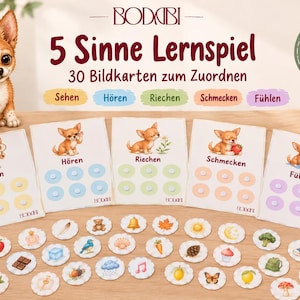 May include: A 5-sense learning game set featuring a brown chihuahua illustration, five rectangular cards labelled Sehen, Hören, Riechen, Schmecken, and Fühlen, and 30 circular matching tokens with various icons, all presented as a printable PDF product.
