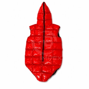 Op de afbeelding: Een felrood, mouwloos, gewatteerd puffer-vest met een capuchon met hoge kraag en een zwarte ritssluiting over de gehele lengte. Het kledingstuk heeft een glanzende, gladde afwerking met een rasterachtig stikpatroon over de voorzijde.