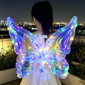May include: A pair of iridescent butterfly wings made of clear, flexible material, featuring integrated LED string lights that emit a multi-coloured glow. The wings are shaped with distinct upper and lower sections and are worn on the back.