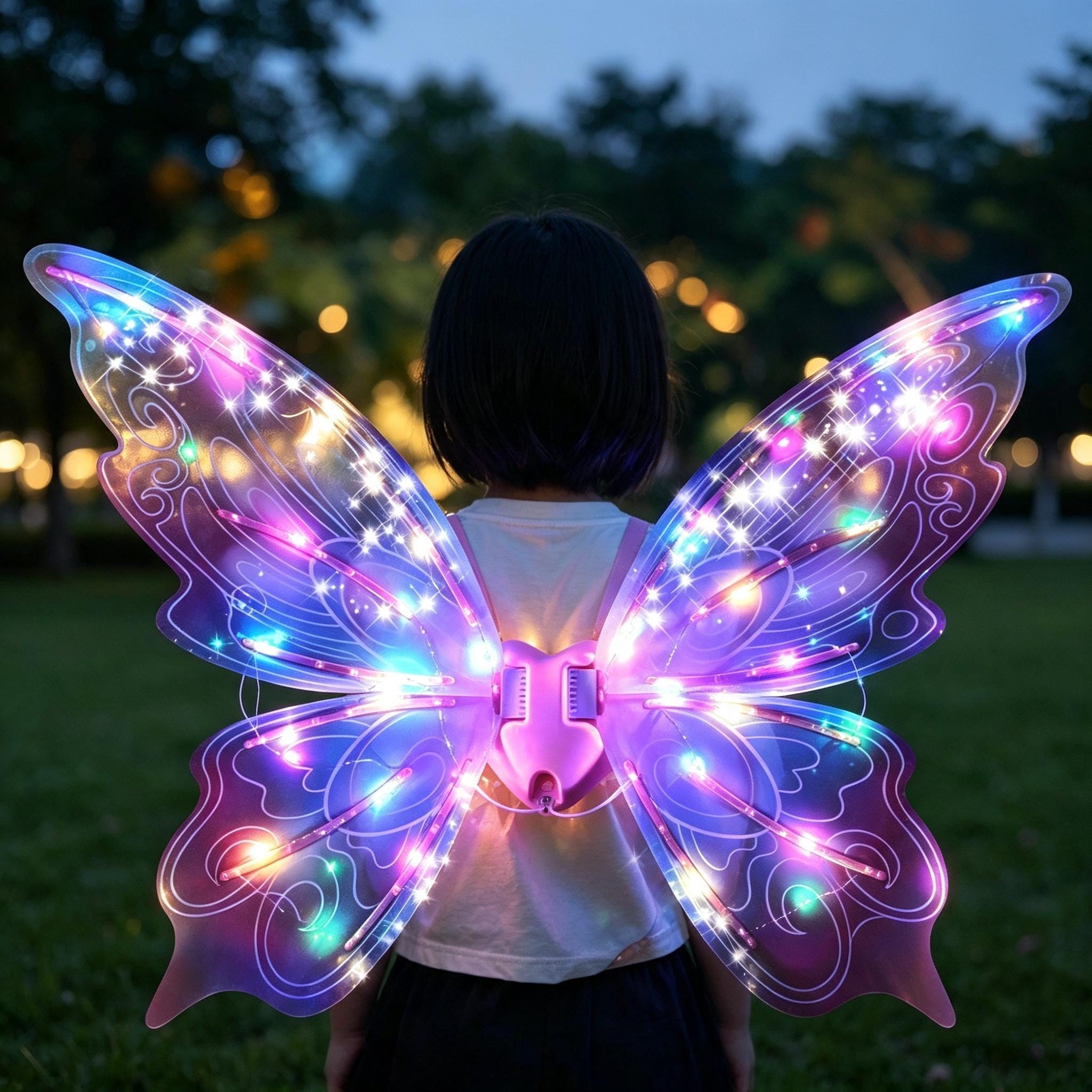 Electric Butterfly Wings for Kids - Motorized Flapping Fairy Wings with LED Lights & Music - Birthday Gift Girl Cosplay Costume Accessory