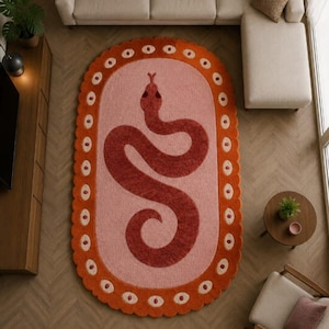Handmade Snake Tufted Oval Rug, Pink Folk Art Carpet, Modern Statement Piece
