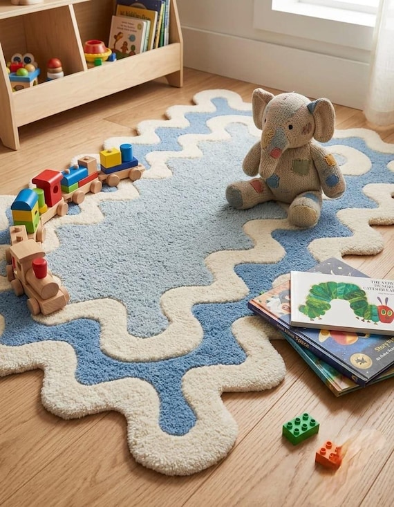Custom Wool Rug, Hand-Tufted Blue and Cream Wavy Design