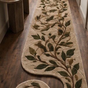 May include: A long, snake-shaped runner rug in a cream color, featuring a detailed, raised-texture design of brown branches and dark green leaves winding along its entire length, with a snake head at one end and a black forked tongue.