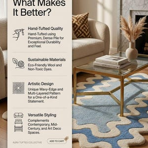 Op de afbeelding: Een rechthoekig vloerkleed met een golvend, meerlaags patroon in blauw en cr&egrave;me. Een overlay toont de tekst 'What Makes It Better?' met iconen en beschrijvingen over de handgetufte kwaliteit, duurzame materialen en het ontwerp.