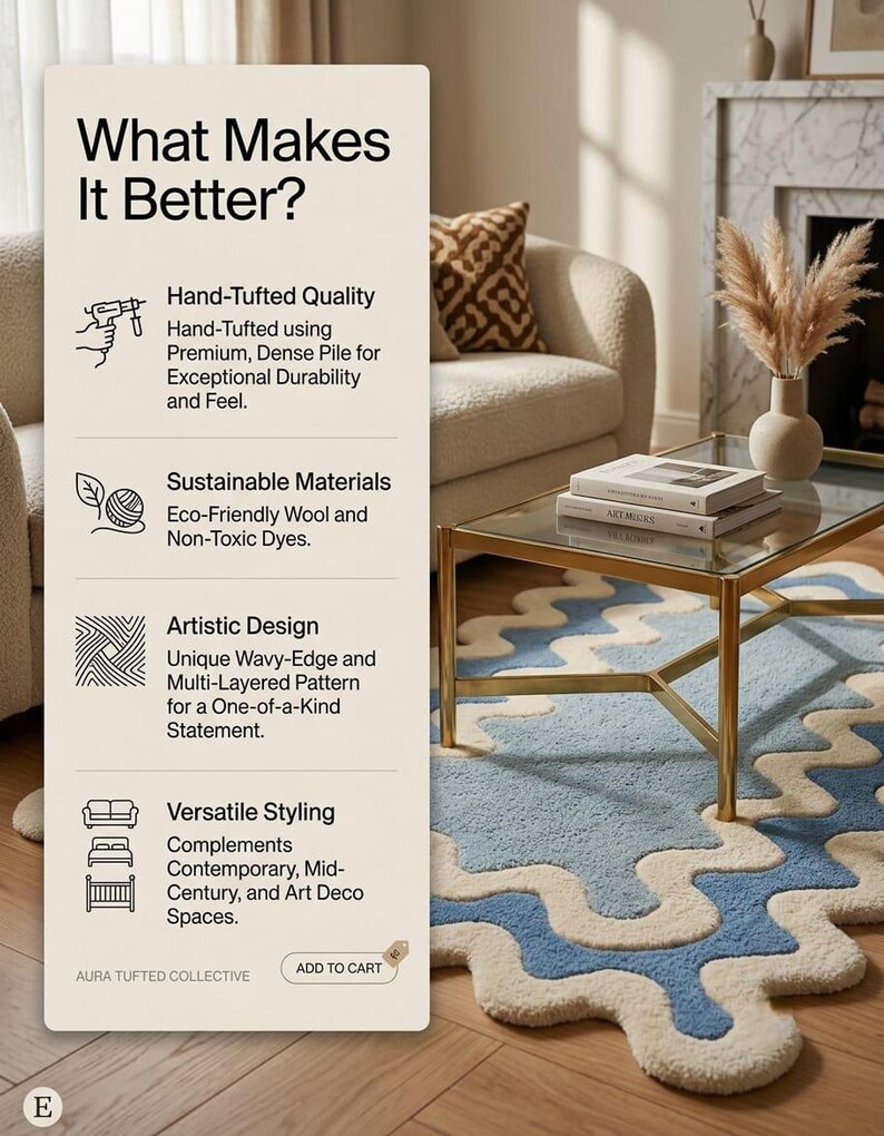 Op de afbeelding: Een rechthoekig vloerkleed met een golvend, meerlaags patroon in blauw en cr&egrave;me. Een overlay toont de tekst 'What Makes It Better?' met iconen en beschrijvingen over de handgetufte kwaliteit, duurzame materialen en het ontwerp.