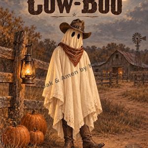 Könnte beinhalten: Eine Geisterfigur mit braunem Cowboyhut, gemustertem Halstuch und cremefarbenem Spitzenponcho, kombiniert mit braunen Leder-Cowboystiefeln. Der Text Cow-Boo steht oben in dieser ländlichen Szene mit einer Scheune und Kürbissen.