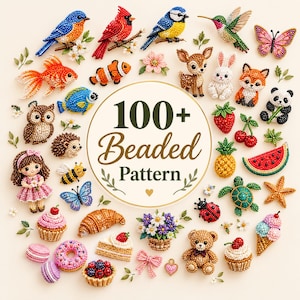 Puede incluir: Una colección de coloridos motivos de cuentas con pájaros, animales, insectos, frutas, postres y una pequeña muñeca dispuestos alrededor de un círculo central con el texto 100+ Beaded Pattern. Cada pieza está hecha de cuentas vibrantes.