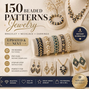 以下が含まれることがあります： 150 BEADED PATTERNS Jewelryと題されたブレスレット、ネックレス、イヤリングのデジタルガイド。画像には、青、白、金のパターンでデザインされたネックレス、ブレスレット、イヤリングなど、さまざまなビーズジュエリーが展示されています。