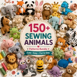 May include: A collection of felt animal plushies surrounding a circular sign that reads 150+ SEWING ANIMALS Patterns Bundle. The plushies include an elephant, fox, panda, rabbit, sloth, giraffe, dinosaur, horse, sheep, hedgehog, frog, pig, koala, lion, owl, mouse, bee, squirrel, tiger, zebra, whale, and octopus.
