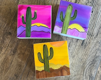 Resin & Wood Desert Landscape Art: Saguaro Cactus Sunset - 4x4 Shelf Decor