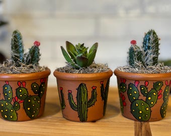Small Hand Painted Terra Cotta Pot, Faux Succulent, Prickly Pear Cactus, Saguaro Cactus, Arizona Gift, Gift Ideas For Man or Woman