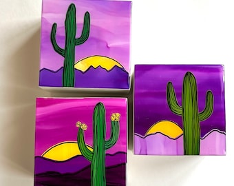 Resin and Wood Sunset Art: Purple Arizona Desert Cactus Painting