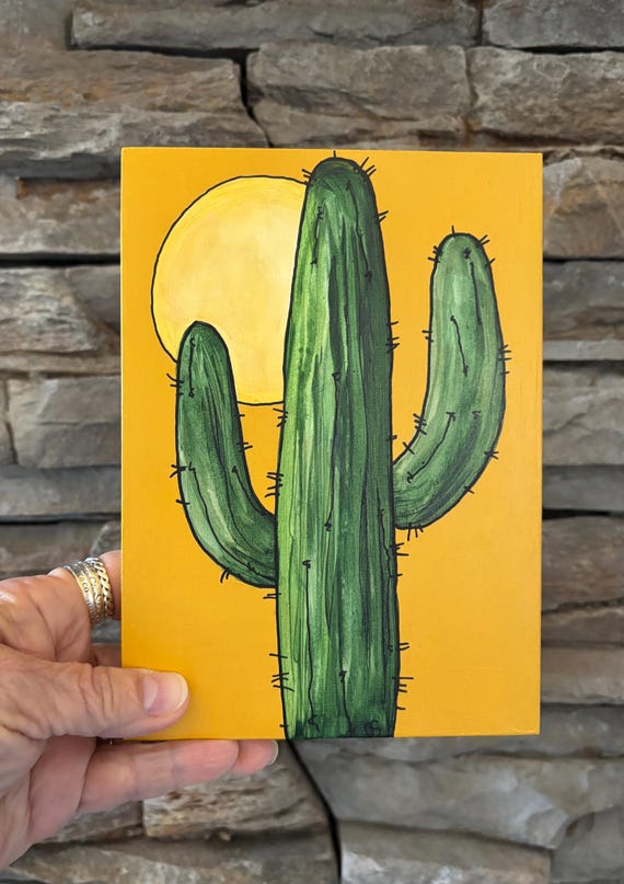 Cactus Painting on Wood: Hand-Painted Acrylic Art, Boho Southwestern Wall  Decor