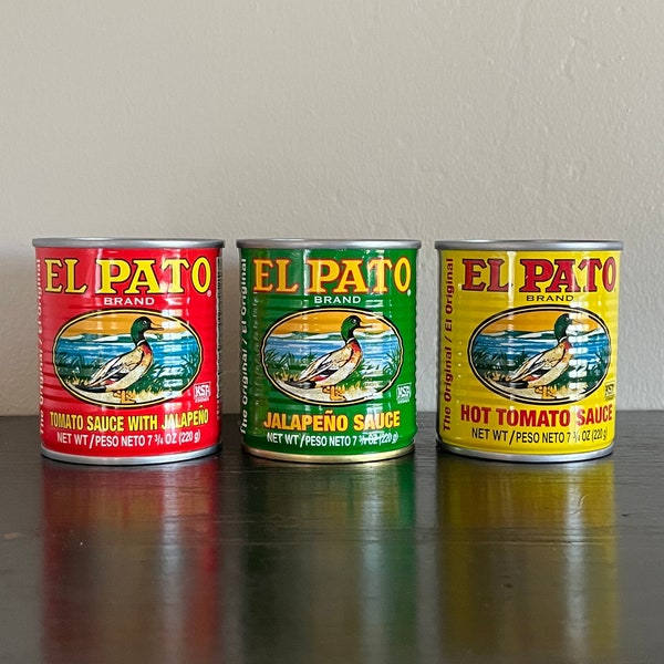 Set of 3 or 6, Small El Pato Spanish Sauce Cans, Creative Centerpiece, Wedding, Shower, Birthday Favors, Candles or Plant, Red Yellow Green