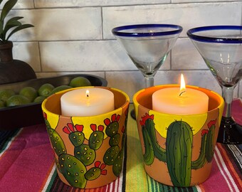 Pottery, Hand Painted Cactus, Candleholder, Centerpiece, Boho, Planter, Terra Cotta Clay Pot, Southwestern Decor, Gift for Man or Woman