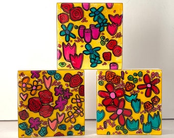 Colorful Flowers, Small Abstract Wildflowers, Happy Art, One-of-a Kind Resin and Wood Artwork, Freestanding 4x4x2"