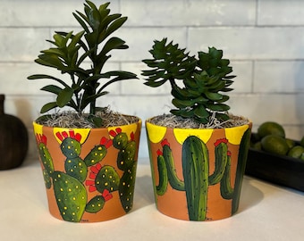 Pottery, Hand Painted Cactus, Large Size, Faux Succulent, Boho Decor, Saguaro, Prickly Pear, Clay Pot, Arizona Gift for Man or Woman