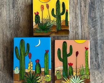 Arizona Desert Landscape, Cactus Painting, Southwest Desert Art, Original, One-of-a-Kind, Resin and Wood Wall Decor