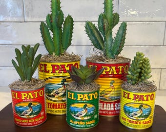 Mexican Themed Party Table Decor, Kitchen Decor, Faux Succulent/Cactus in Small El Pato Sauce Can, Colorful Centerpiece, Party Favors
