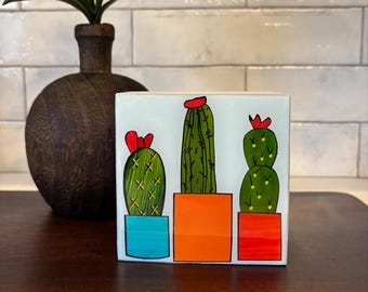 Cactus Collage Art: Resin & Wood Southwestern Decor (4x4x2&quot;)
