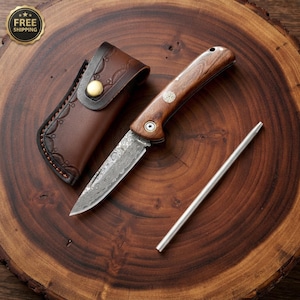 Damascus Steel Folding Knife with Rosewood Handle and Leather Sheath for Outdoor Use