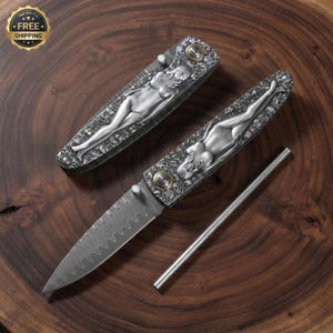 Japanese Damascus Steel Folding Knife with Sculpted Woman Rose Art Handle for Outdoor Camping and Everyday Carry.