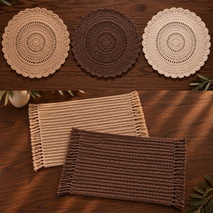 May include: Three round crochet doilies in tan, dark brown, and cream with scalloped edges, alongside two rectangular crochet placemats in tan and dark brown featuring fringed edges on the short sides, all arranged on a dark wood surface.
