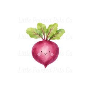 May include: A watercolour illustration of a round, deep magenta beetroot with vibrant green leaves. The beetroot features a simple, smiling face with two small black eyes, a curved mouth, and soft pink circular cheeks. The text Little Painted Pals Co is visible.
