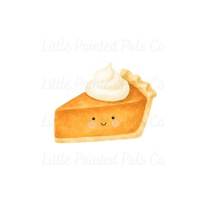 Puede incluir: Una ilustración en acuarela de una porción de tarta de calabaza naranja cubierta con una nube de nata montada blanca. La porción de tarta presenta una cara sencilla con dos ojos negros y una pequeña sonrisa, y el texto Little Painted Pals Co.