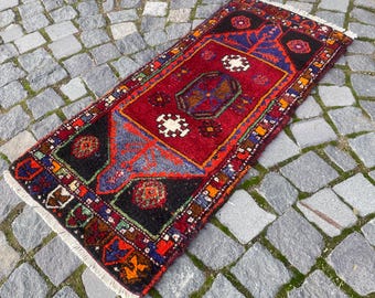 20x43 Red Moroccan Rug, Vintage Wool Accent Small Rug