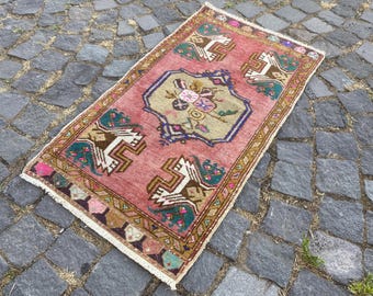 Pink Turkish Vintage Small Rug 22x35'' Gold Medallion Wool Accent Mat