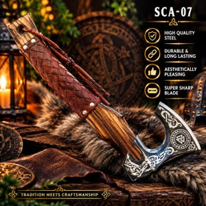 May include: A steel axe with a wooden handle wrapped in brown braided leather, featuring intricate silver-toned engravings on the blade. The text SCA-07, HIGH QUALITY STEEL, DURABLE & LONG LASTING, AESTHETICALLY PLEASING, SUPER SHARP BLADE, and TRADITION MEETS CRAFTSMANSHIP are visible.